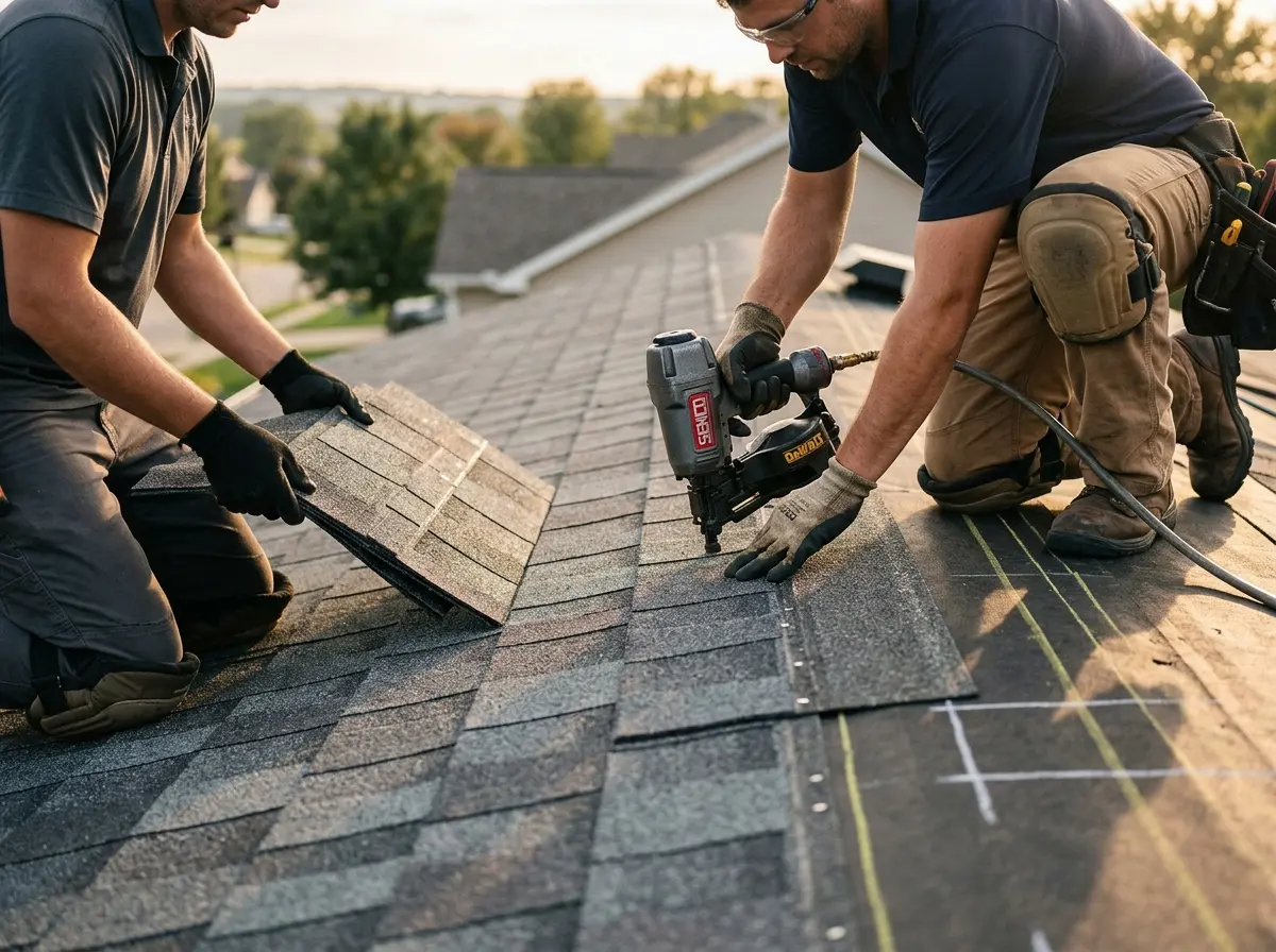 Professional roofer working on a residential roof in Donna
